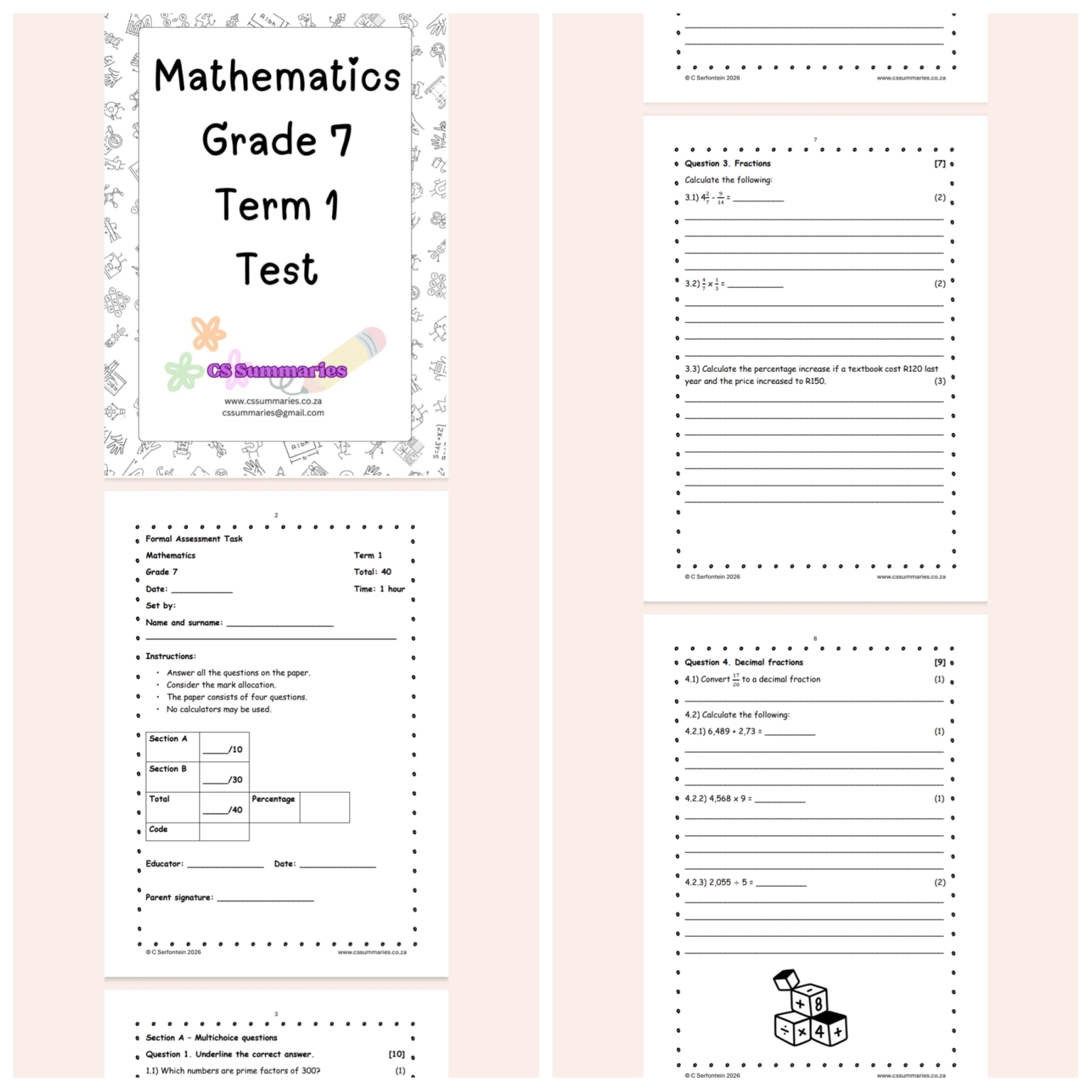 Mathematics Grade 7 Term 1 Test – Oefen Jou Wiskunde